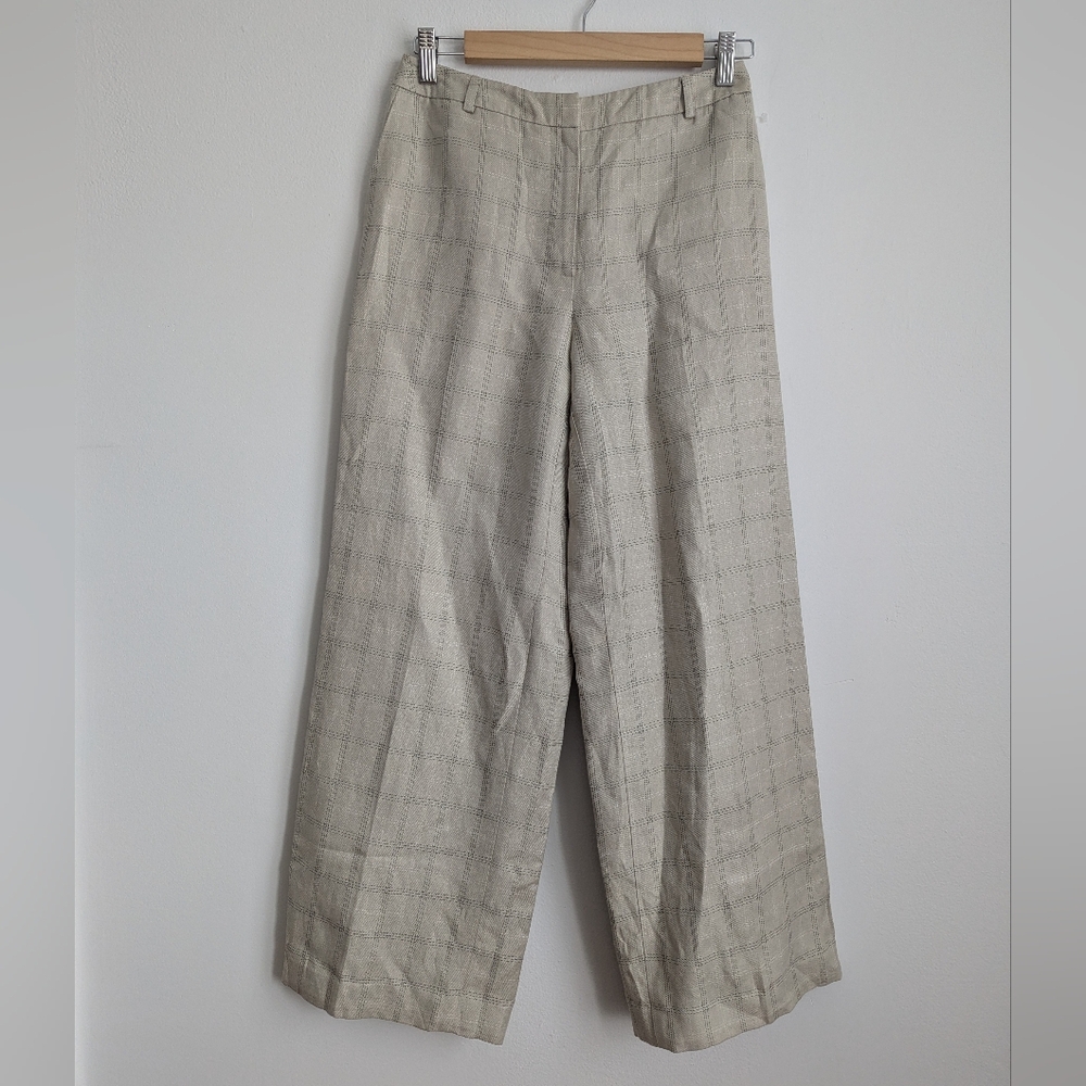 Vintage Talbots Silk/Linen Blend Plaid Wide Leg Cropped Trousers Beige Sz 4